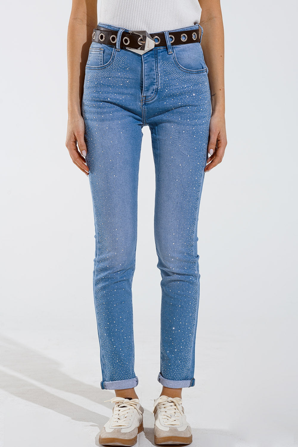 Skinny jeans in washed blue with strass all over the front - Jeans
