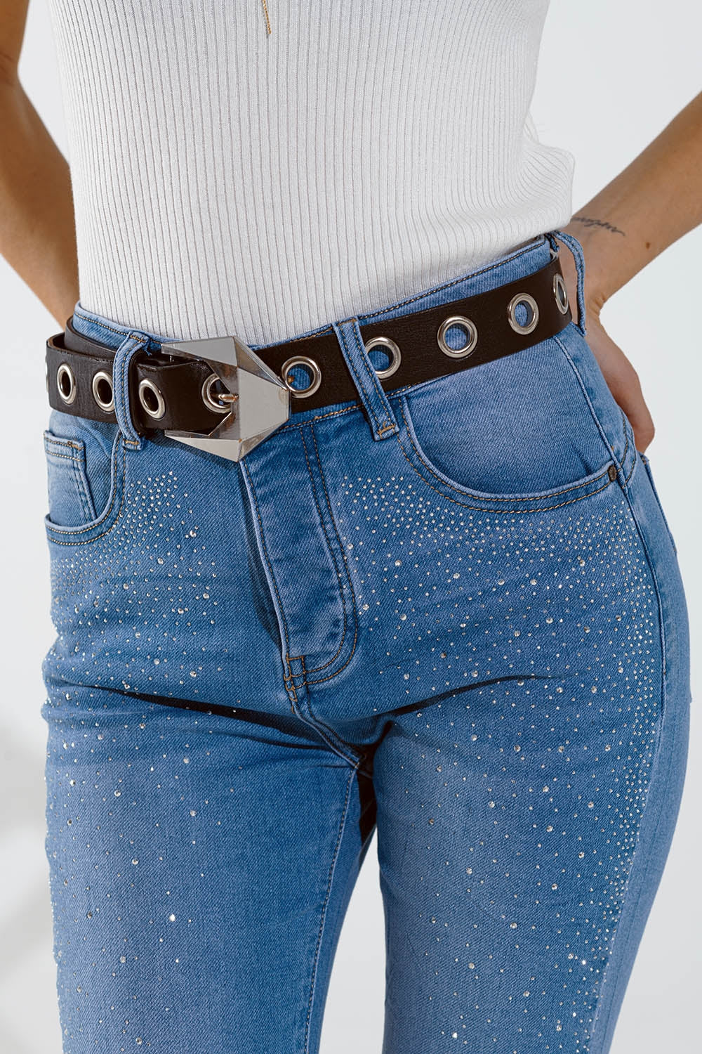 Skinny jeans in washed blue with strass all over the front - Jeans