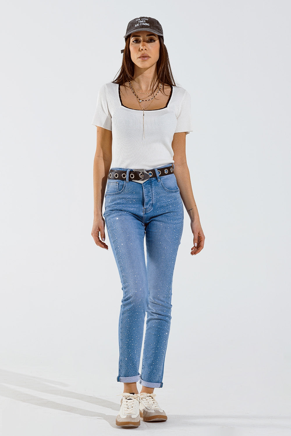 Skinny jeans in washed blue with strass all over the front - Jeans