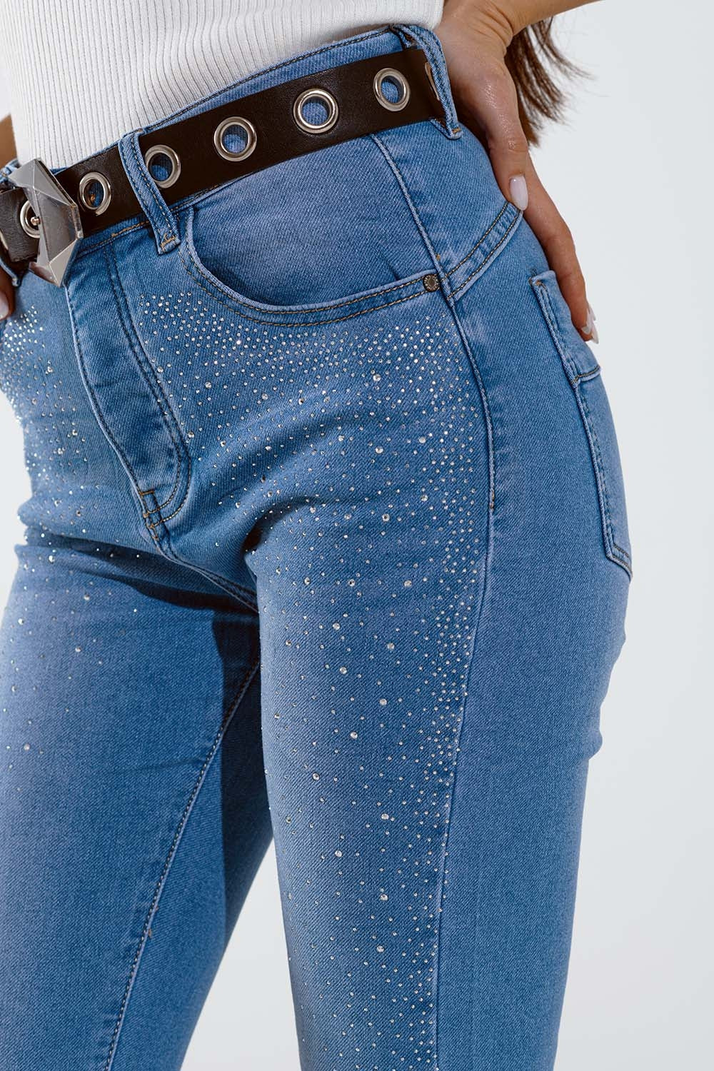Skinny jeans in washed blue with strass all over the front - Jeans