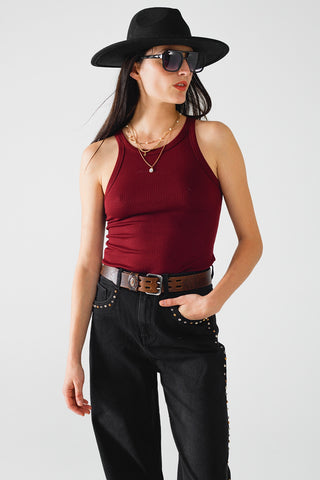 Sleeveless burgundy Top With Ribbed details