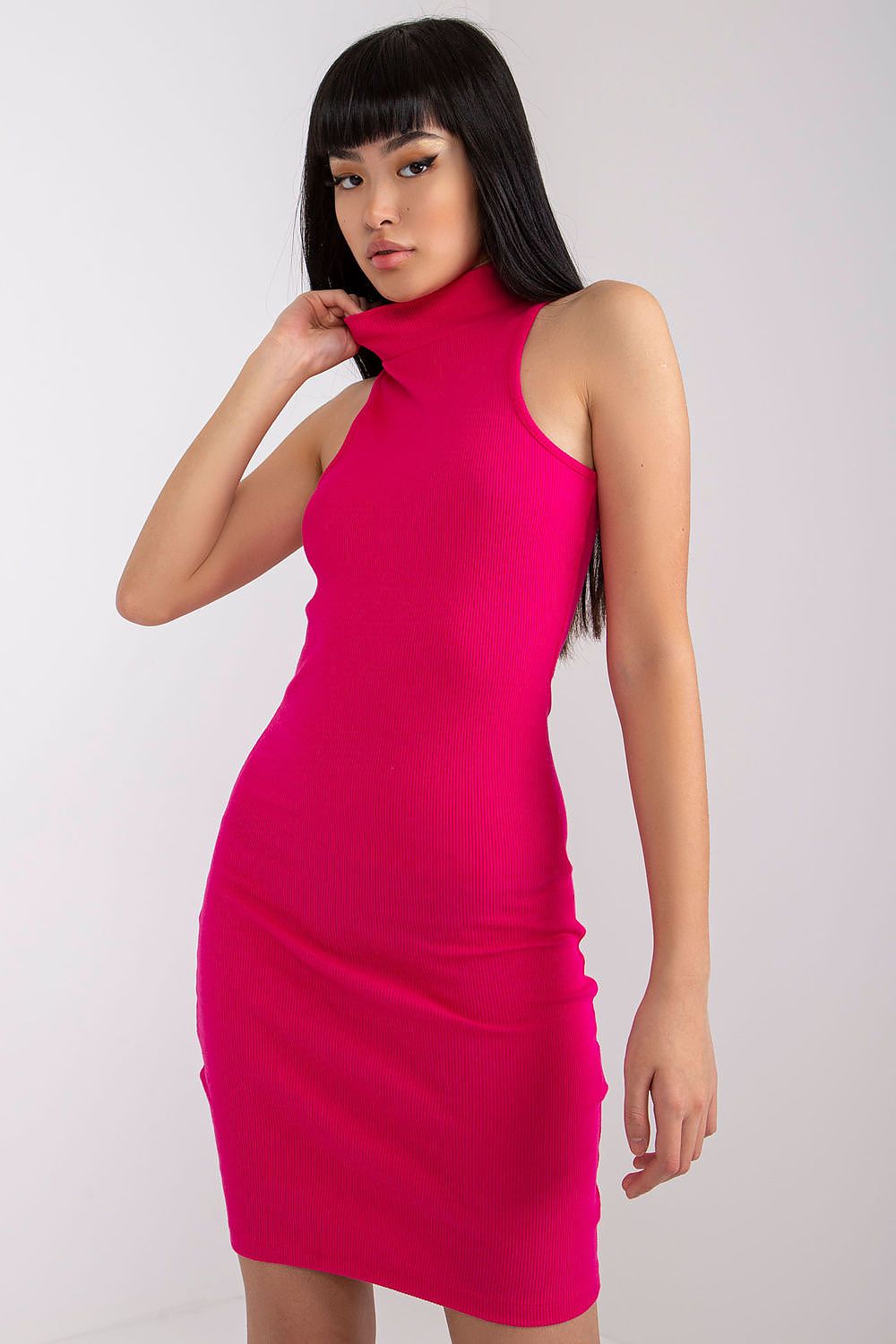 Sleeveless High Neck Mini Dress in White pink -