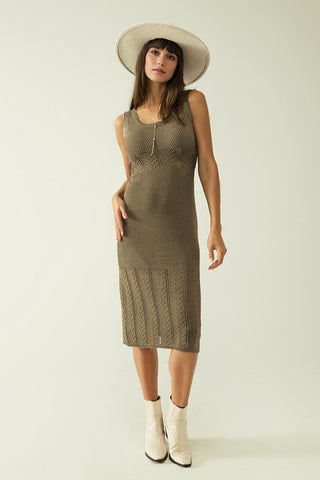 Robe midi en tricot kaki sans manches à col rond