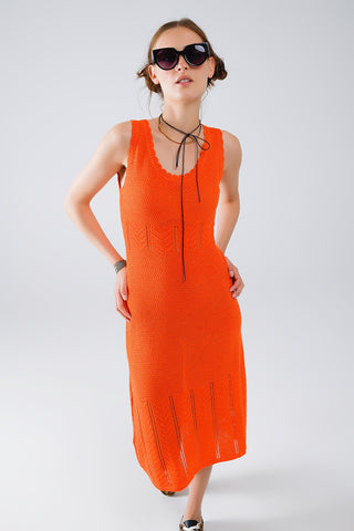 Robe midi en tricot orange sans manches à col rond
