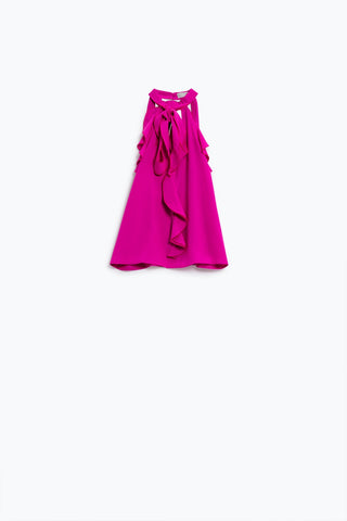 Sleeveless Pink Top with Ruffled Details and High Neck