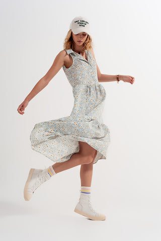 Sleeveless shirt dress in blue floral print