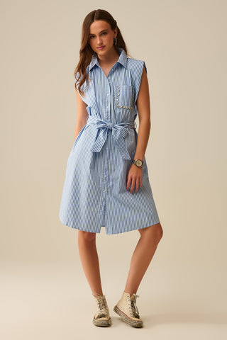 Sleeveless Shirt Dress With Belt And Embroidered Pocket