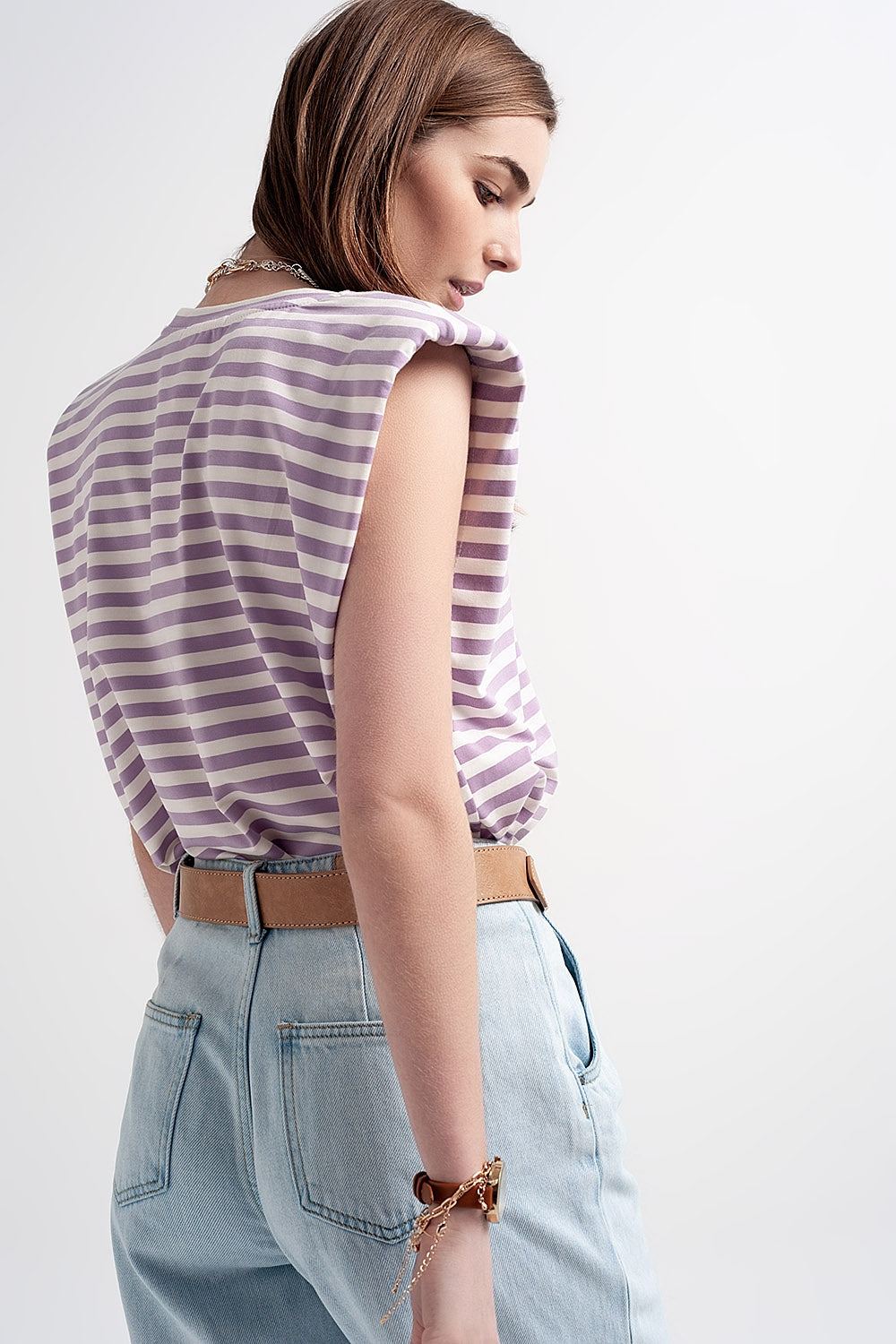 sleeveless t-shirt with shoulder pad in purple stripe Q2 Tops BoutiqueLua