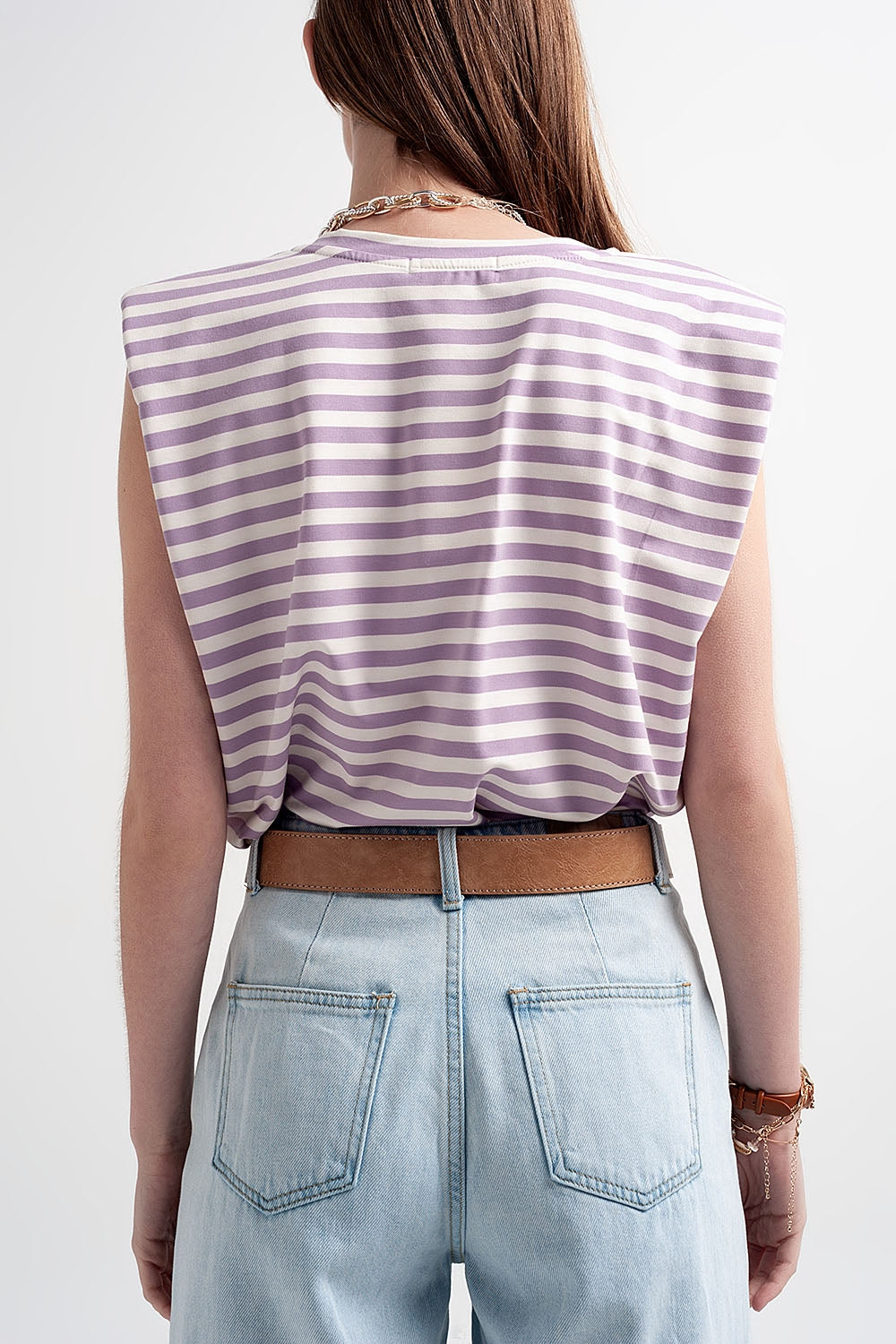 sleeveless t-shirt with shoulder pad in purple stripe Q2 Tops BoutiqueLua