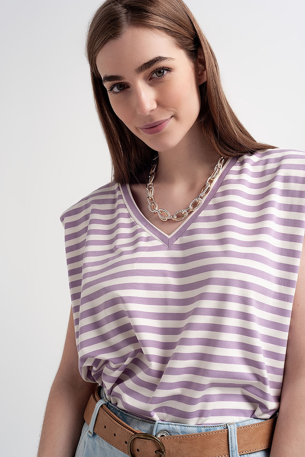 sleeveless t-shirt with shoulder pad in purple stripe Q2 Tops BoutiqueLua