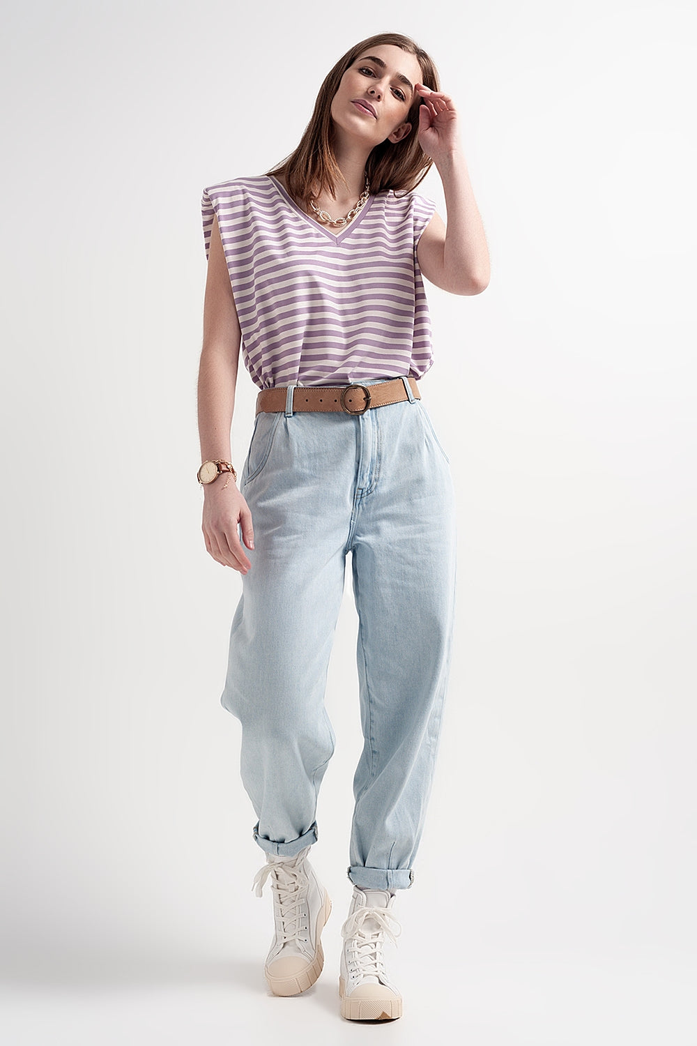 sleeveless t-shirt with shoulder pad in purple stripe Q2 Tops BoutiqueLua