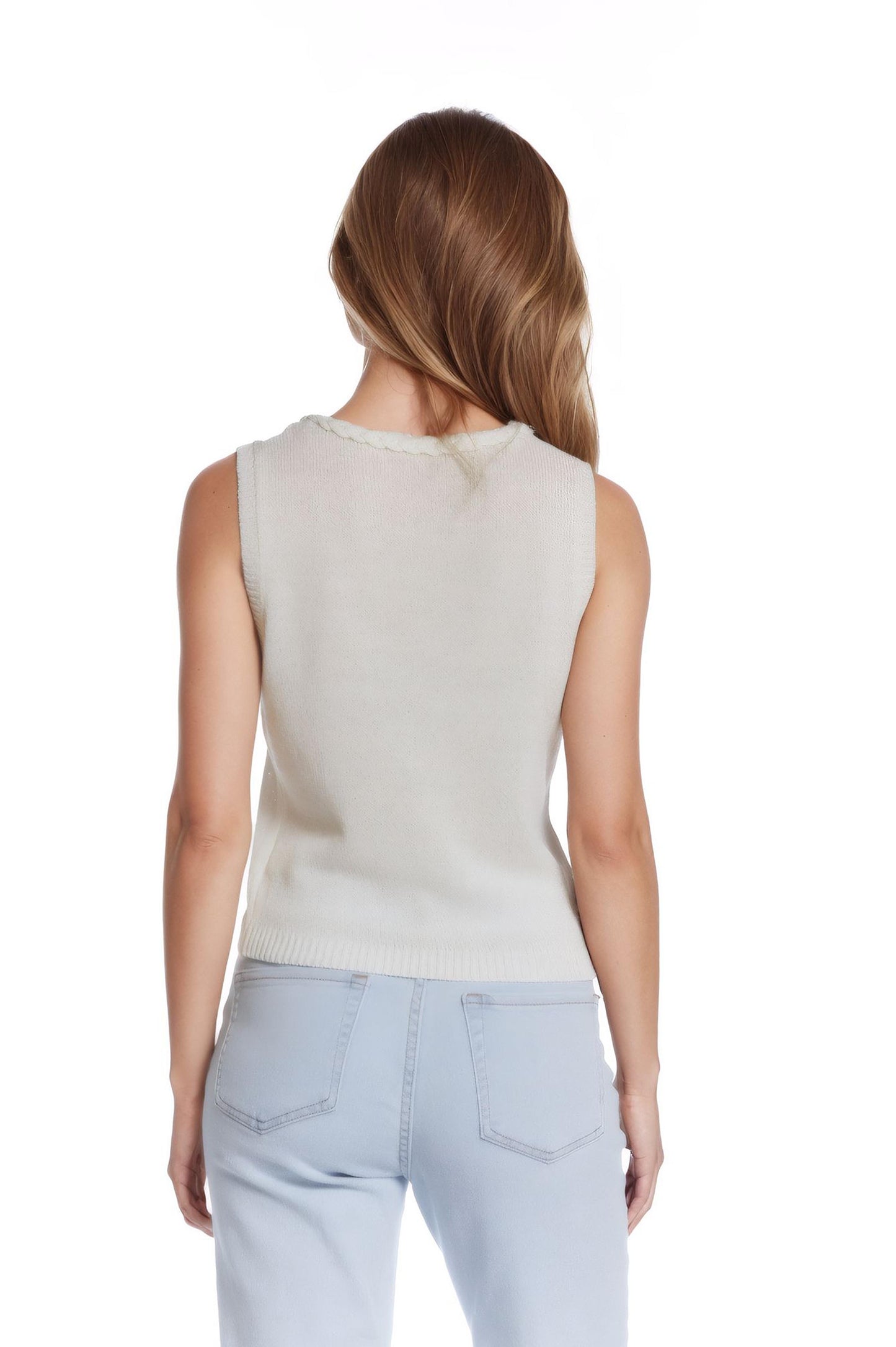 Sleeveless white Sweater With Crew Neckline And Braid Detail At Neckline - Tops