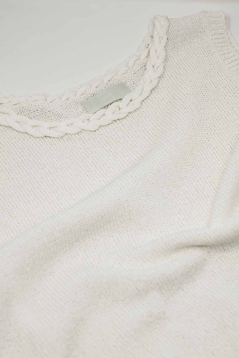 Sleeveless white Sweater With Crew Neckline And Braid Detail At Neckline - Tops