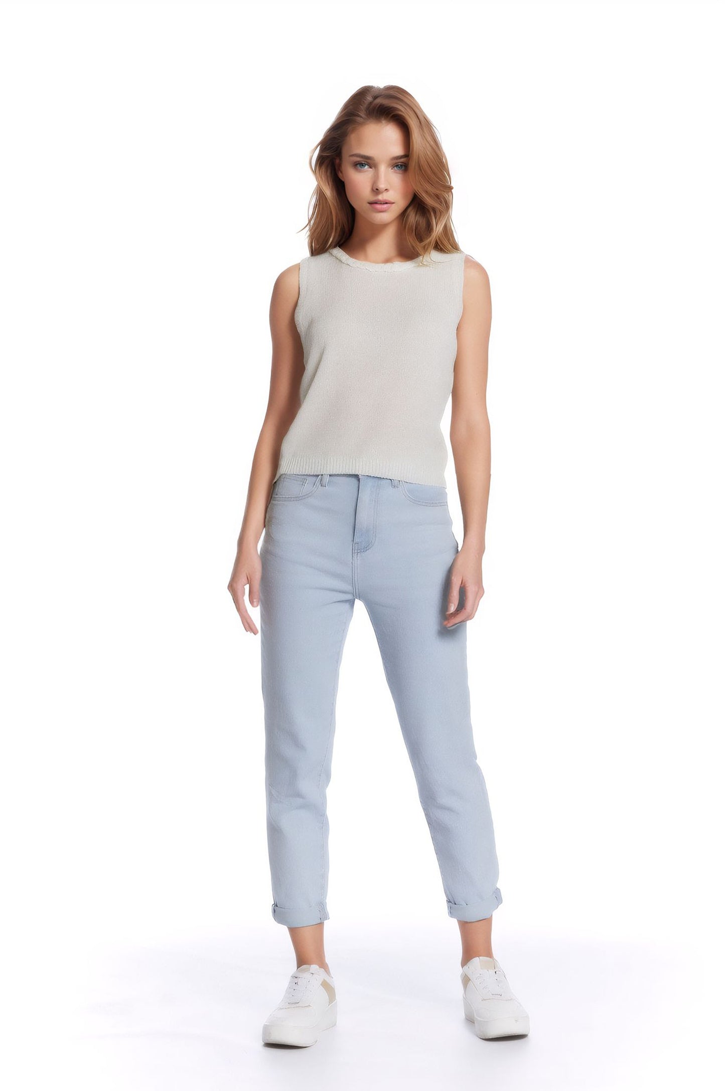 Sleeveless white Sweater With Crew Neckline And Braid Detail At Neckline - Tops
