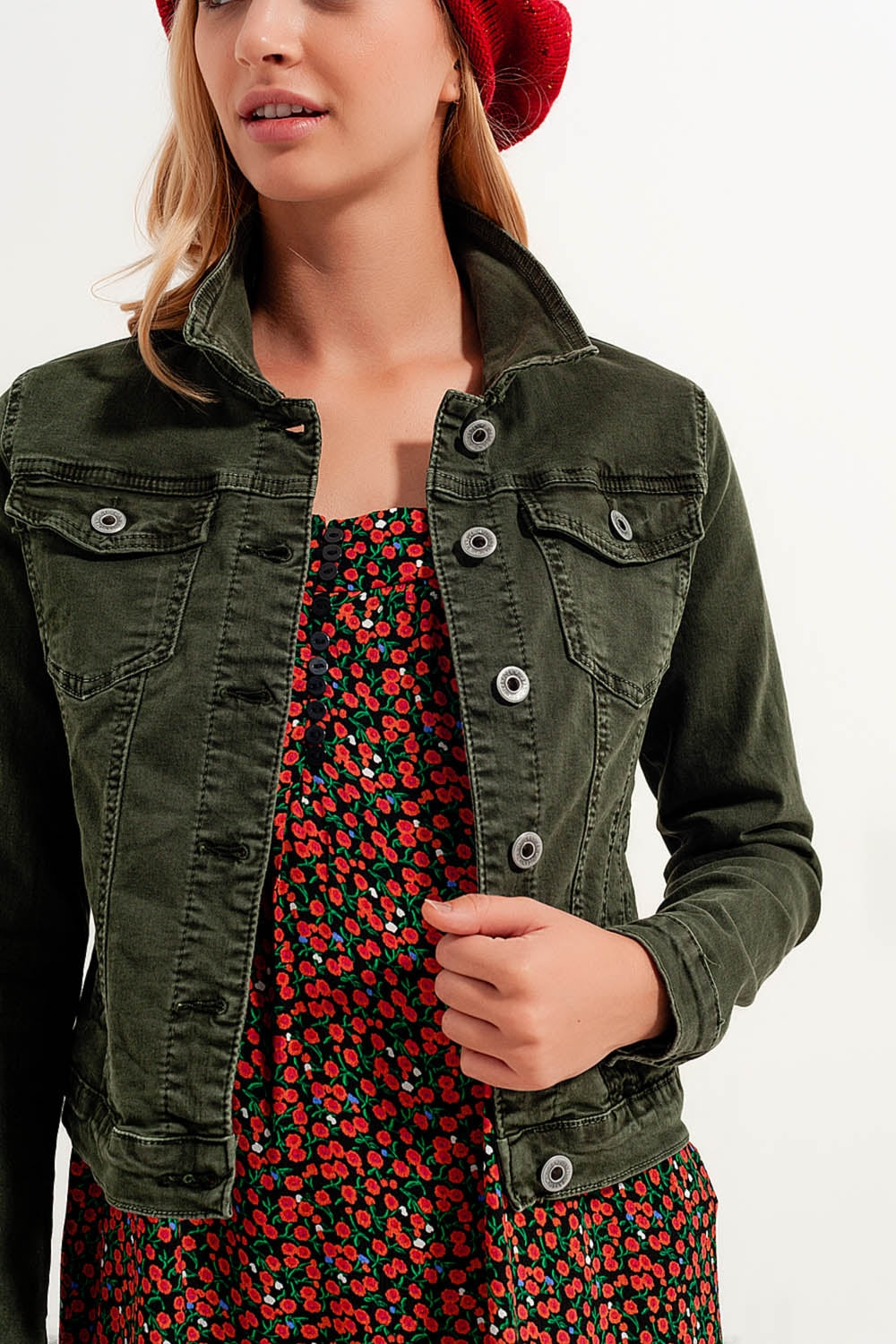 Slim denim trucker jacket in green Q2 Coats and Jackets BoutiqueLua