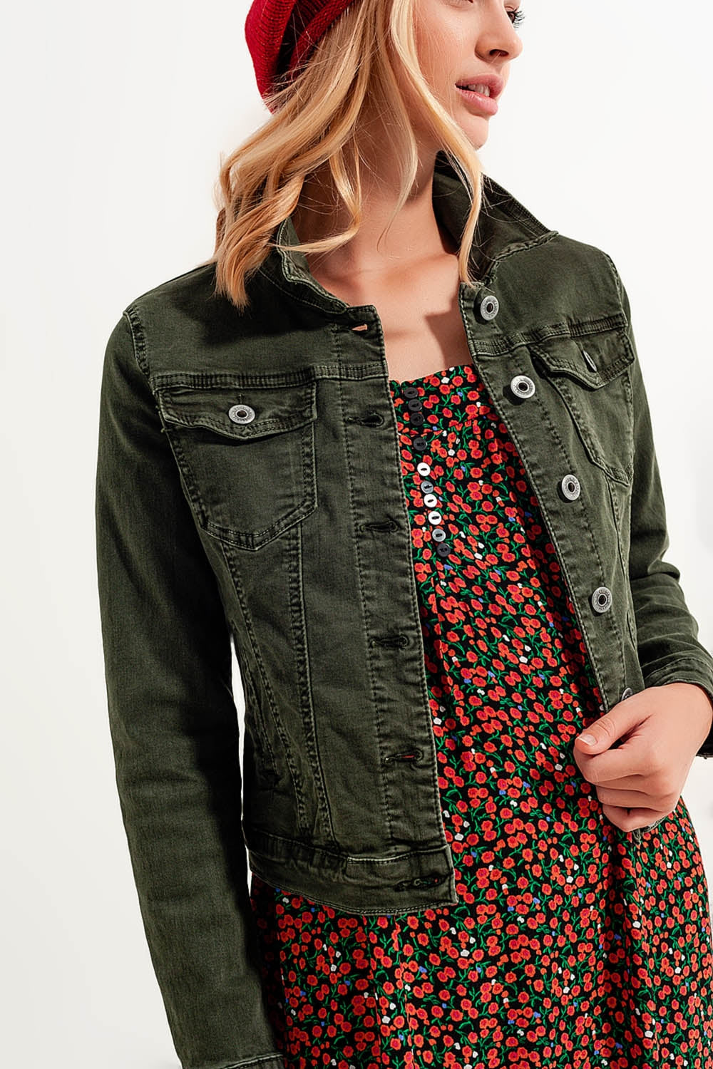 Slim denim trucker jacket in green Q2 Coats and Jackets BoutiqueLua