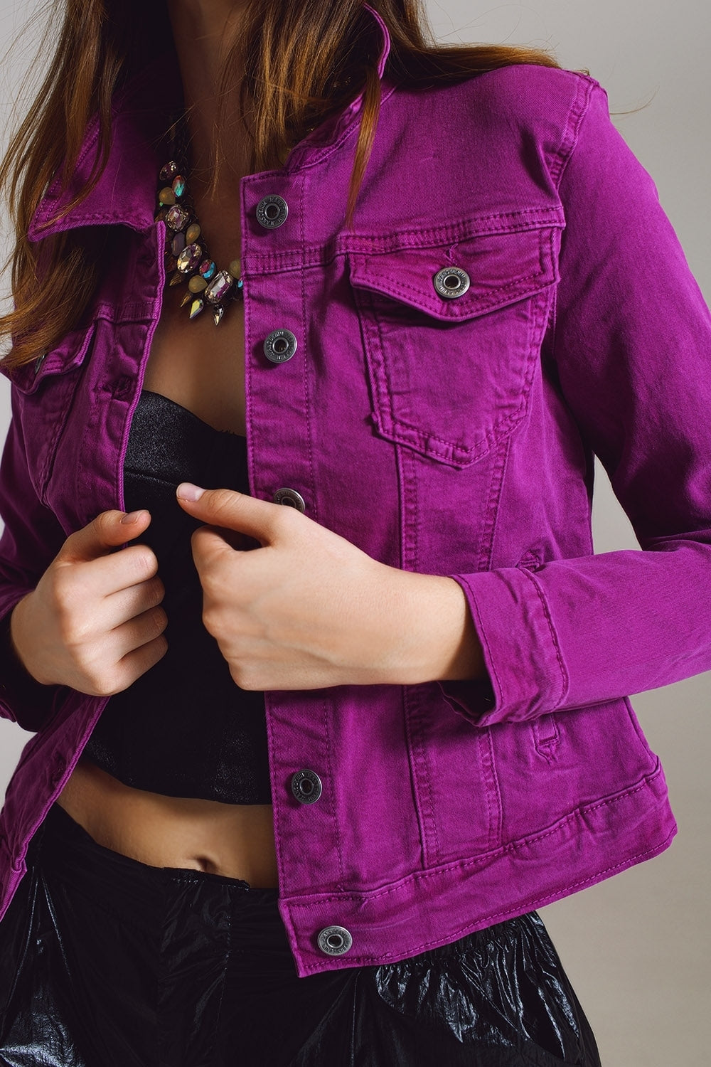 Slim denim trucker jacket in Magenta Q2 Coats and Jackets BoutiqueLua