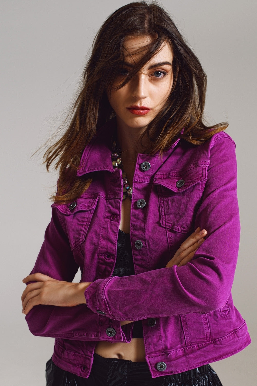 Slim denim trucker jacket in Magenta Q2 Coats and Jackets BoutiqueLua