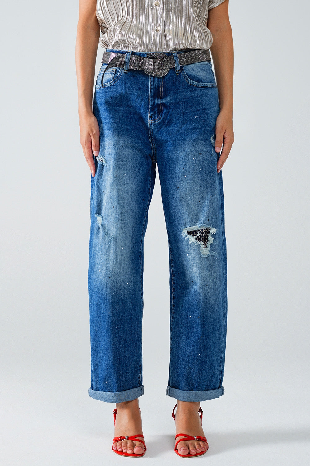 Straight Distressed Jeans With Paint Stains Details - Jeans