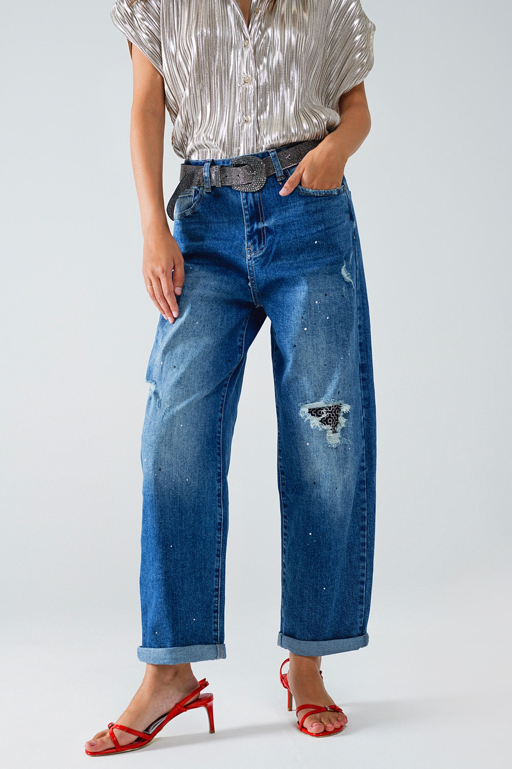 Straight Distressed Jeans With Paint Stains Details - Jeans