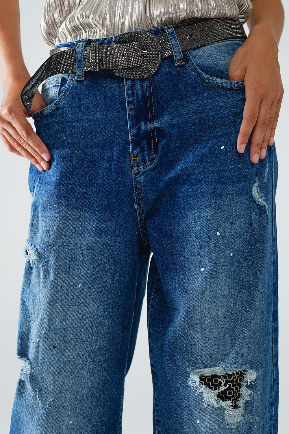 Straight Distressed Jeans With Paint Stains Details - Jeans