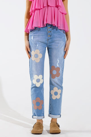 Straight Jeans With Button Closing and Flower Detail in Front