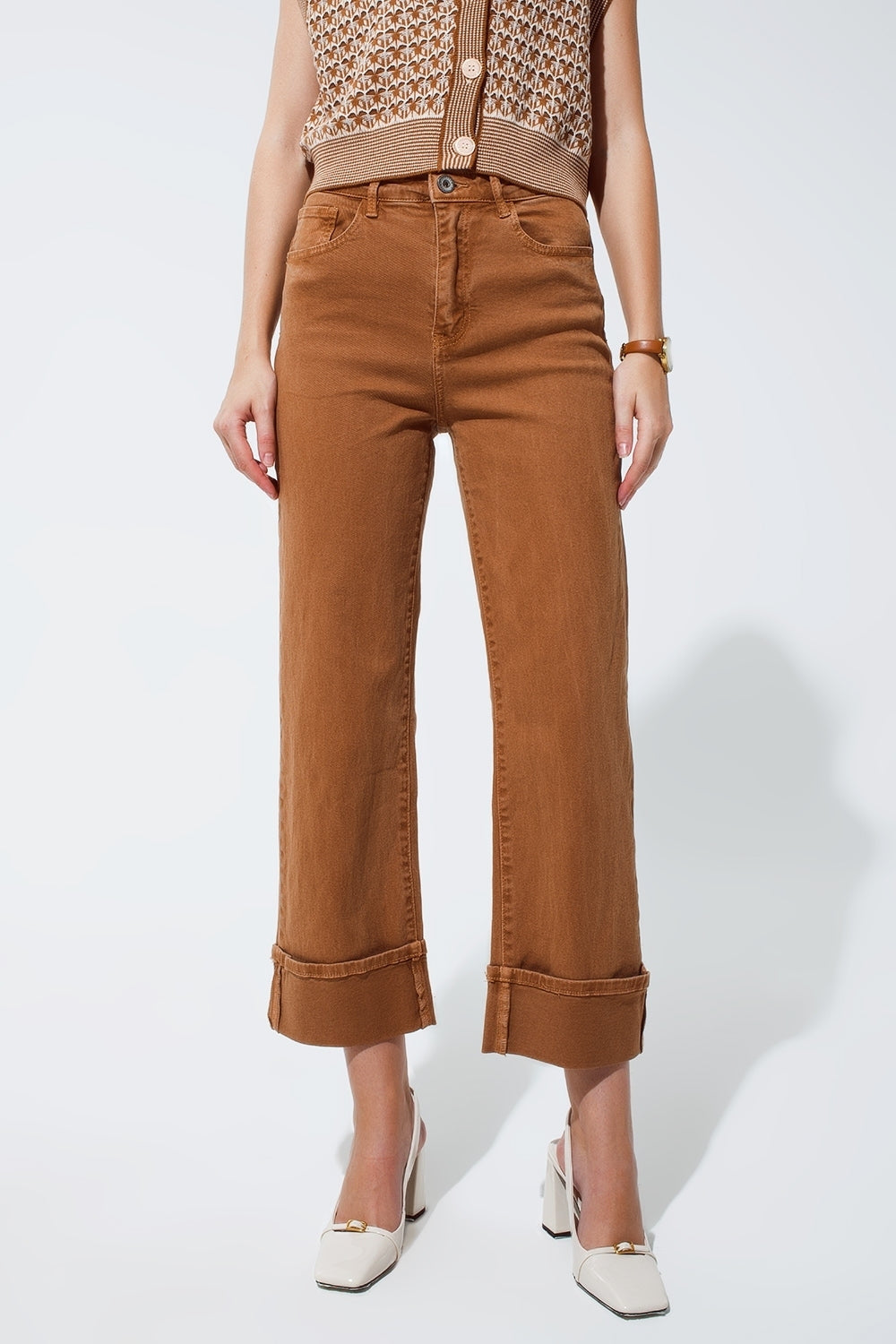 Straight leg jeans in camel with folded trouser legs - Jeans