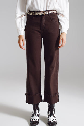 Straight Leg Jeans with Cropped Hem in Brown