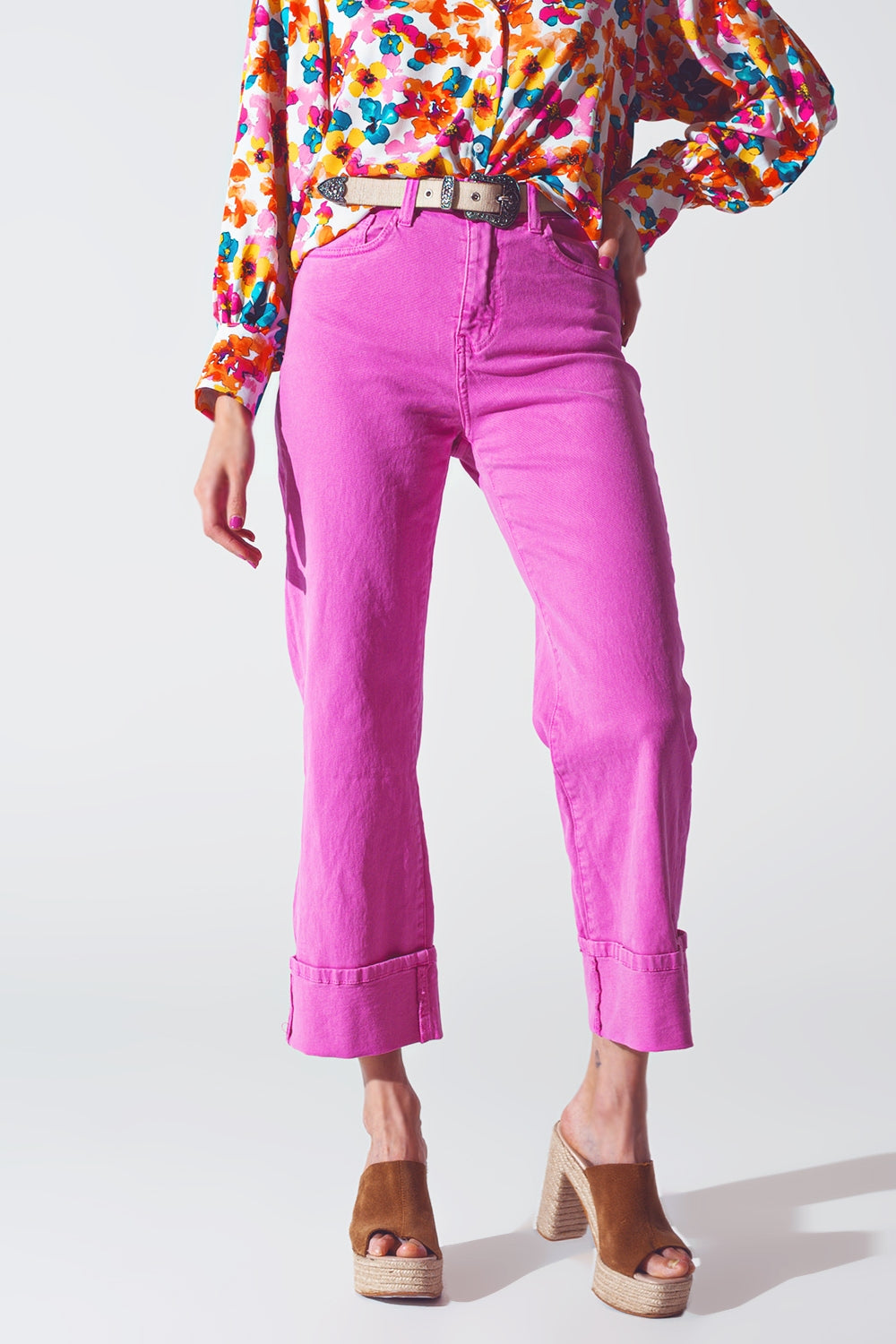 Straight Leg Jeans with Cropped Hem in Fuchsia Q2 Jeans BoutiqueLua
