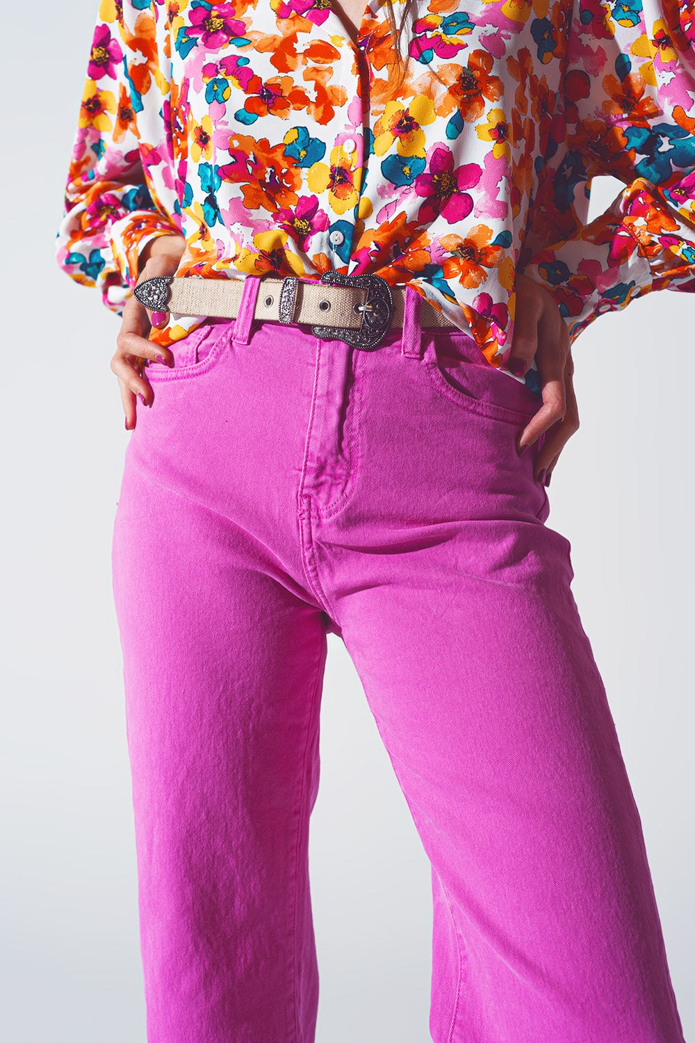 Straight Leg Jeans with Cropped Hem in Fuchsia Q2 Jeans BoutiqueLua