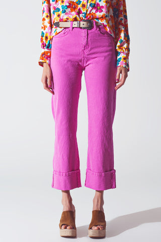 Straight Leg Jeans with Cropped Hem in Fuchsia