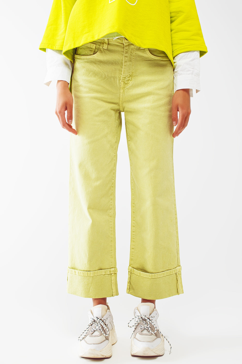 Straight Leg Jeans with Cropped Hem in Lime Green - Jeans