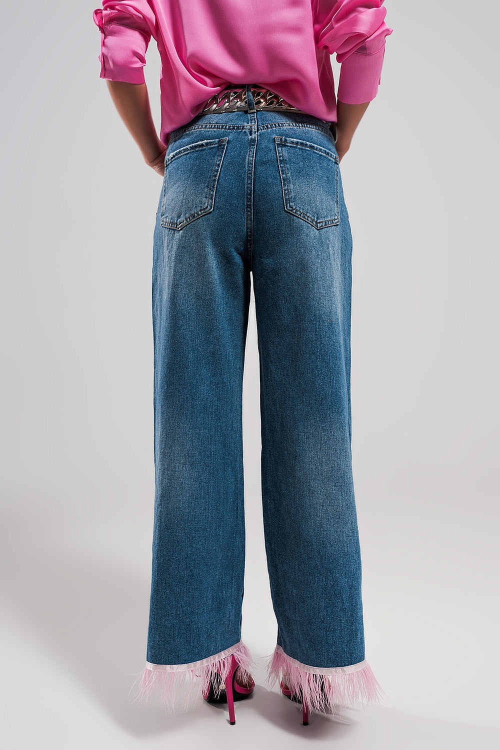Straight leg jeans with PINK faux feather hem Q2 Jeans BoutiqueLua