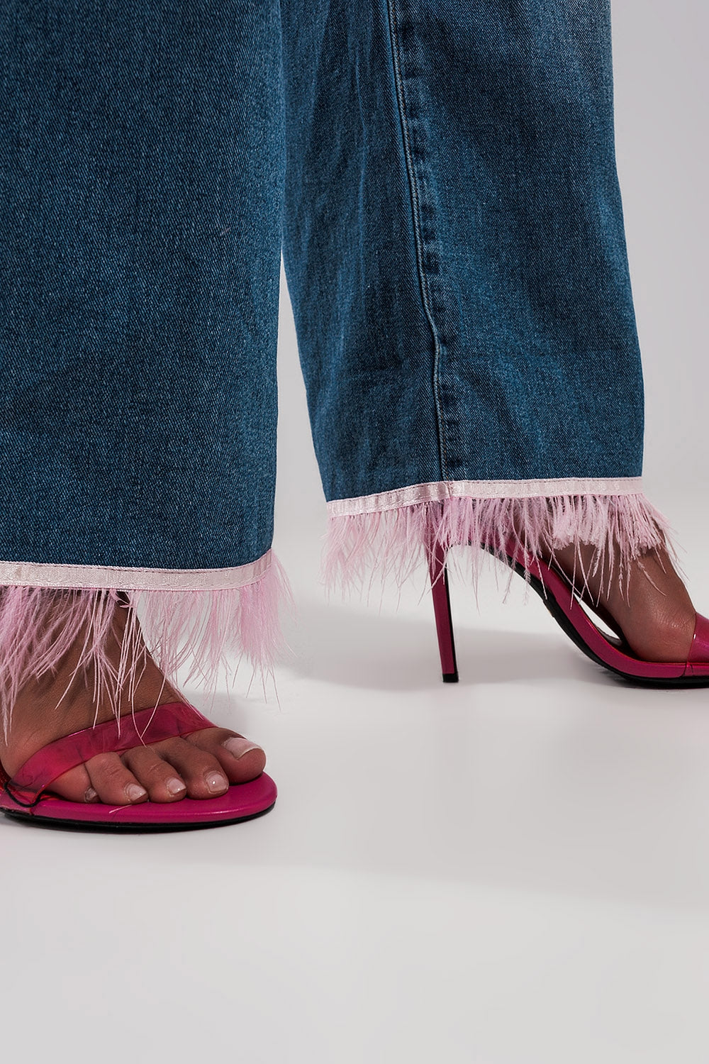 Straight leg jeans with PINK faux feather hem Q2 Jeans BoutiqueLua