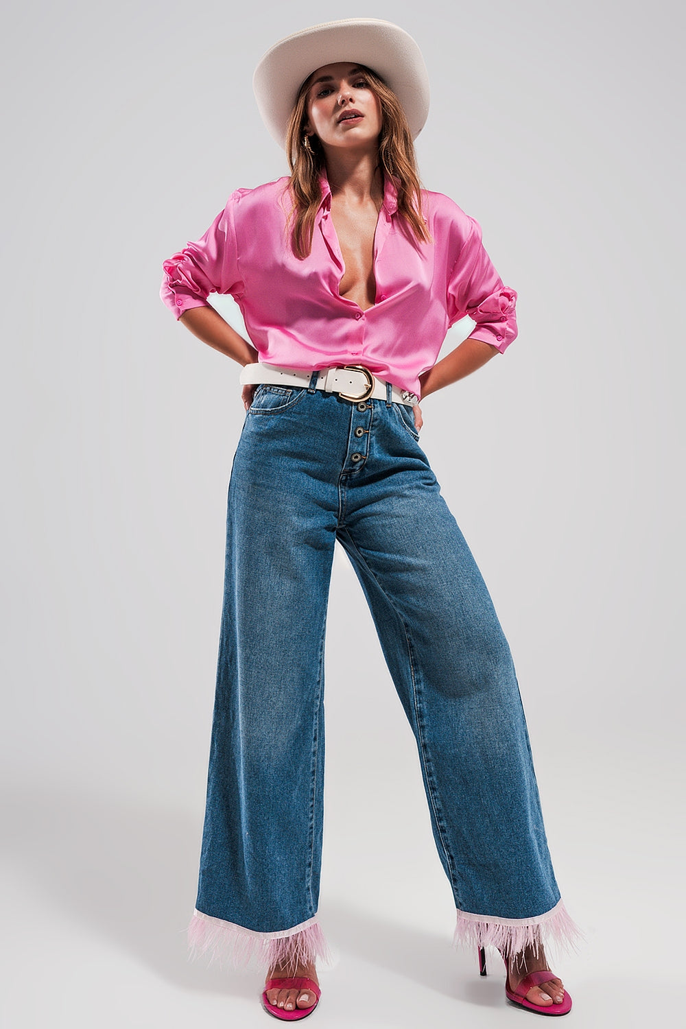Straight leg jeans with PINK faux feather hem Q2 Jeans BoutiqueLua
