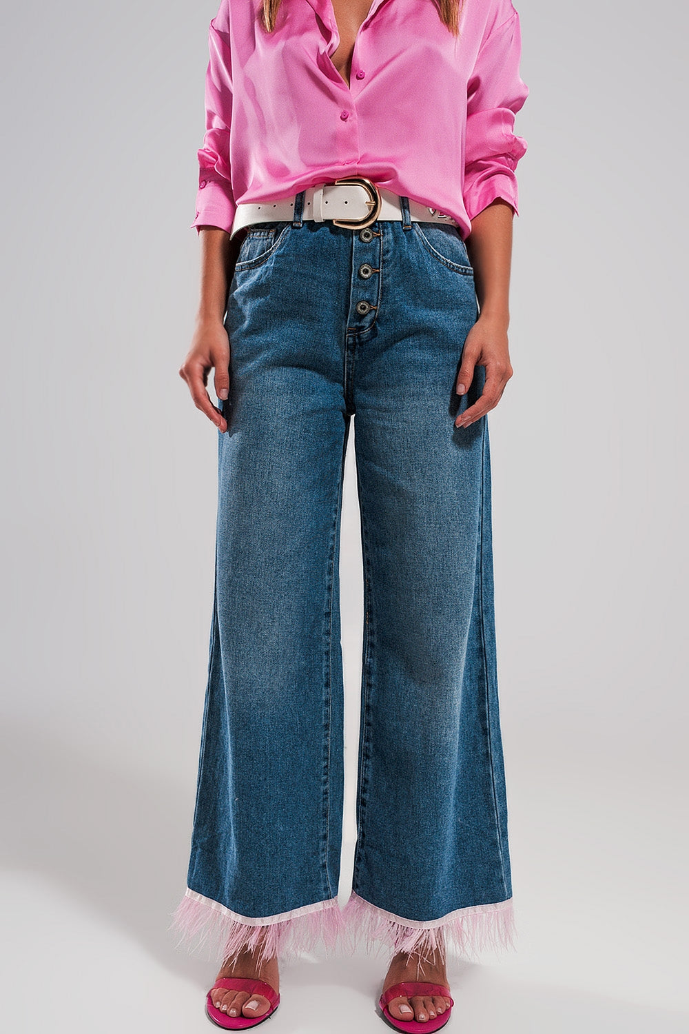Straight leg jeans with PINK faux feather hem Q2 Jeans BoutiqueLua