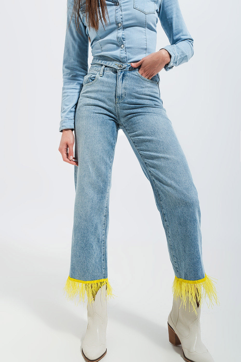 Straight leg jeans with yellow faux feather hem - Jeans
