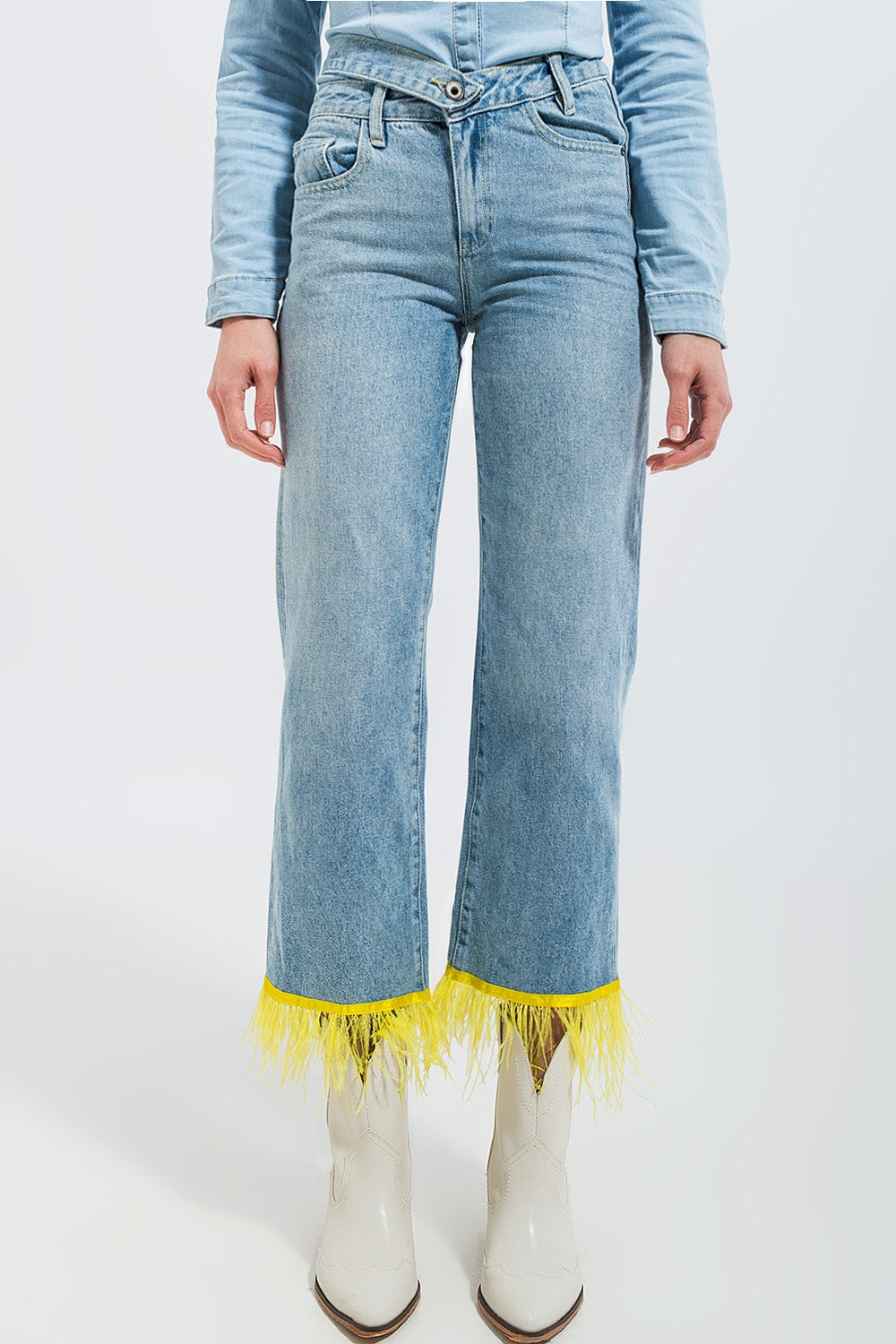 Straight leg jeans with yellow faux feather hem - Jeans