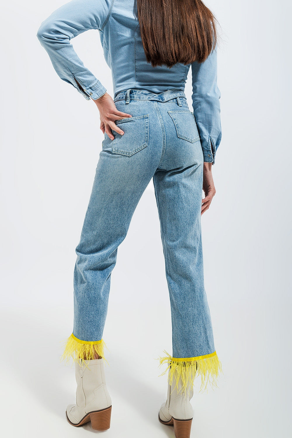 Straight leg jeans with yellow faux feather hem - Jeans