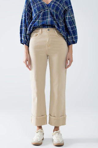 Straight leg Pants with cropped hem in dark beige