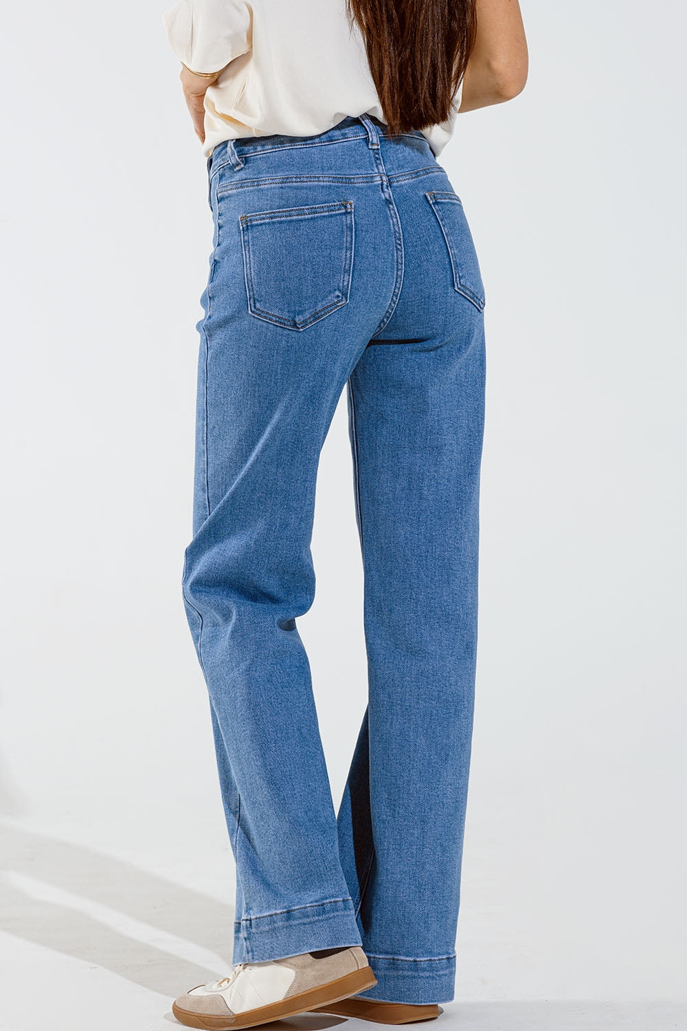 Straight Marine Style Jeans With Golden Buttons Details On The Side in Mid Blue - Jeans