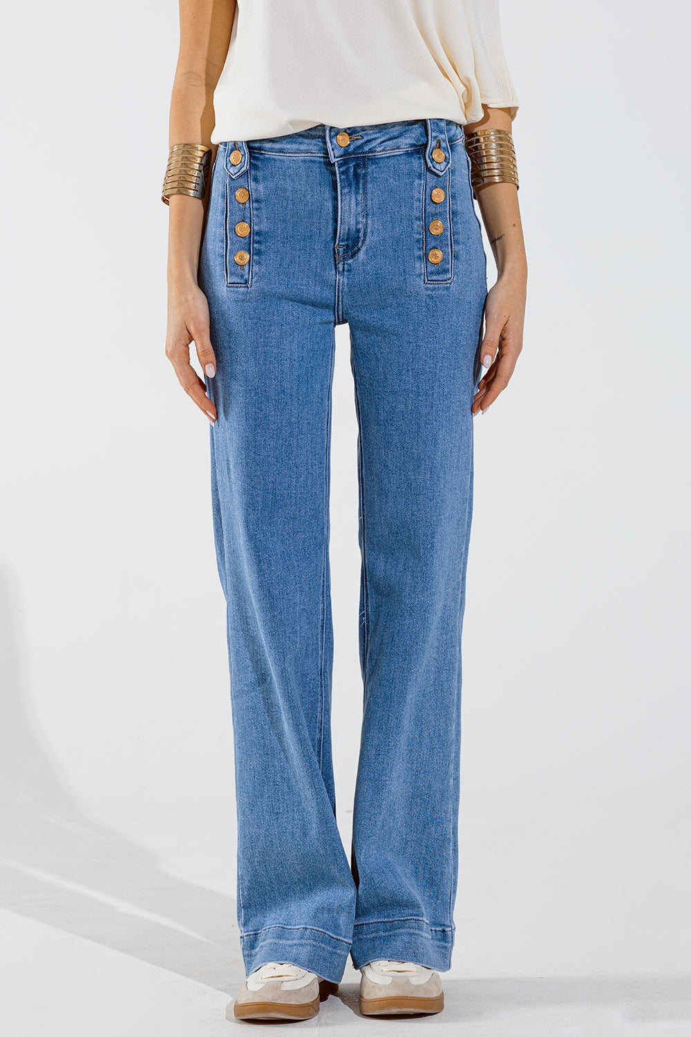 Straight Marine Style Jeans With Golden Buttons Details On The Side in Mid Blue - Jeans