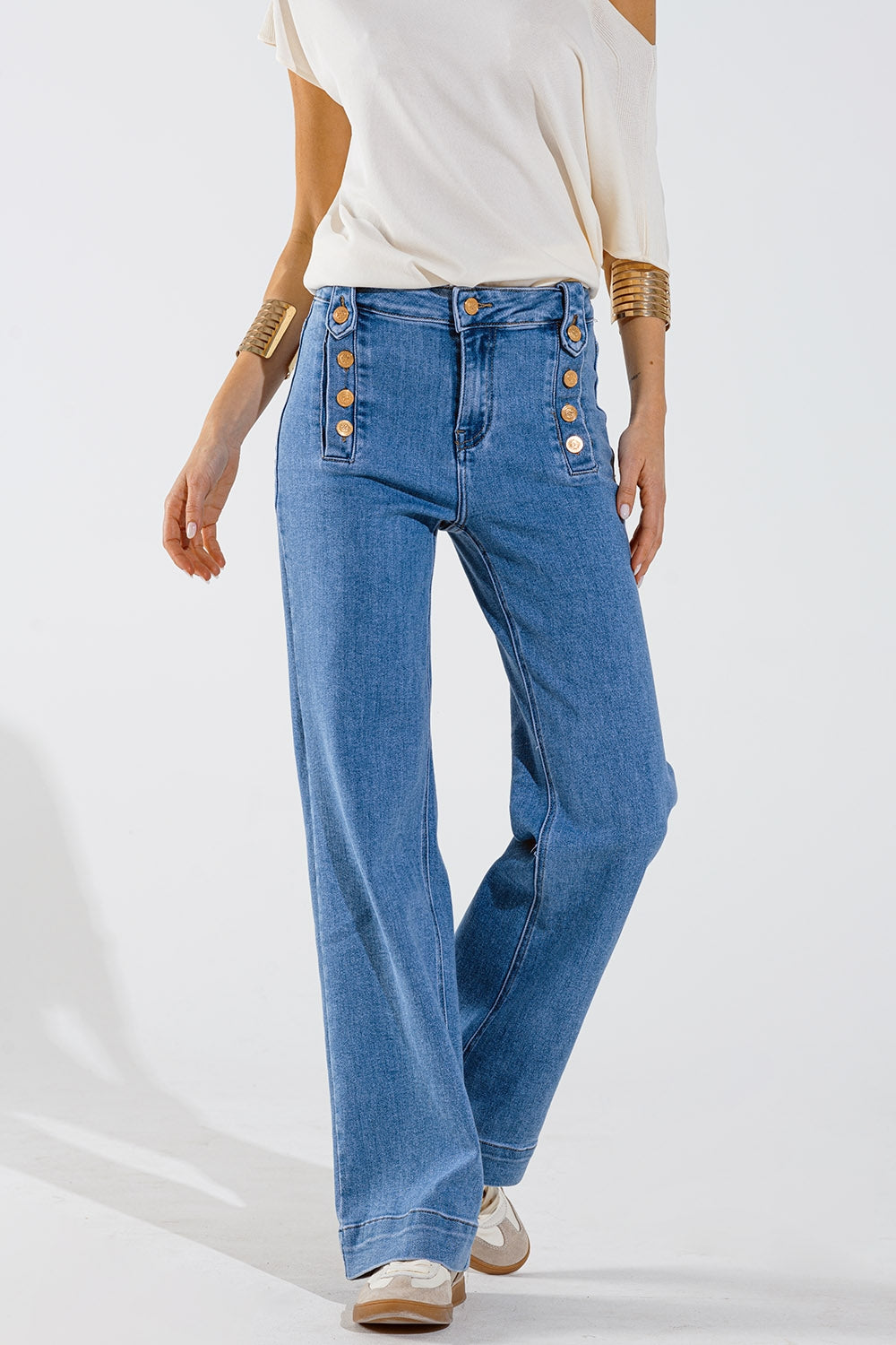 Straight Marine Style Jeans With Golden Buttons Details On The Side in Mid Blue - Jeans