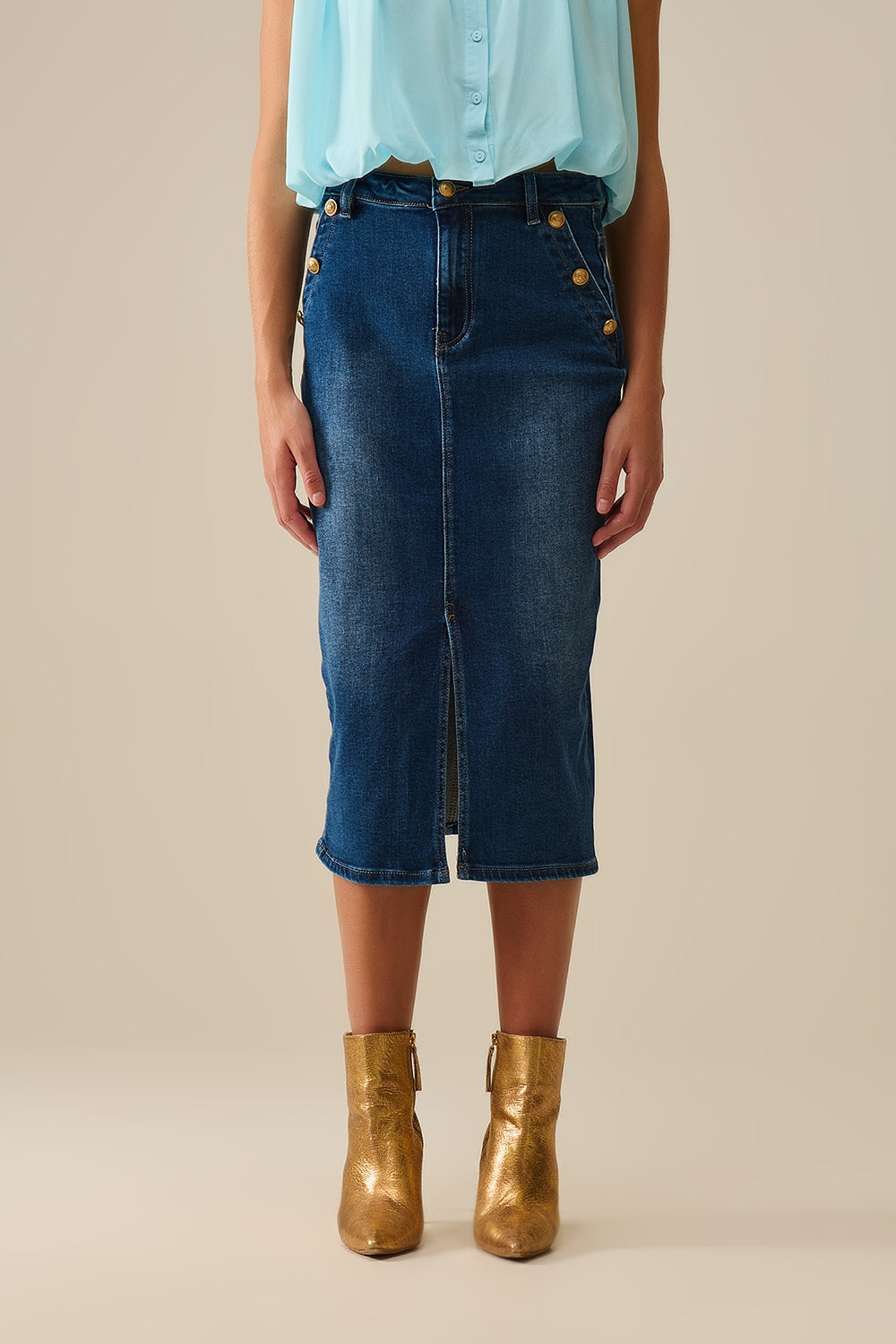 Stretch Denim Midi Skirt With Gold Button Details - Skirts
