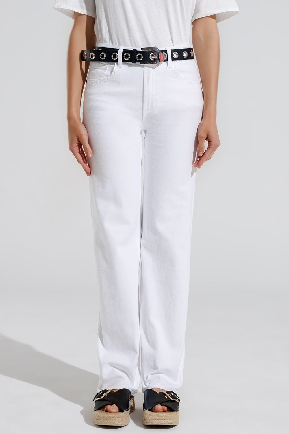 Stretch Denim Straight Jeans With 5 Pockets in White - Jeans