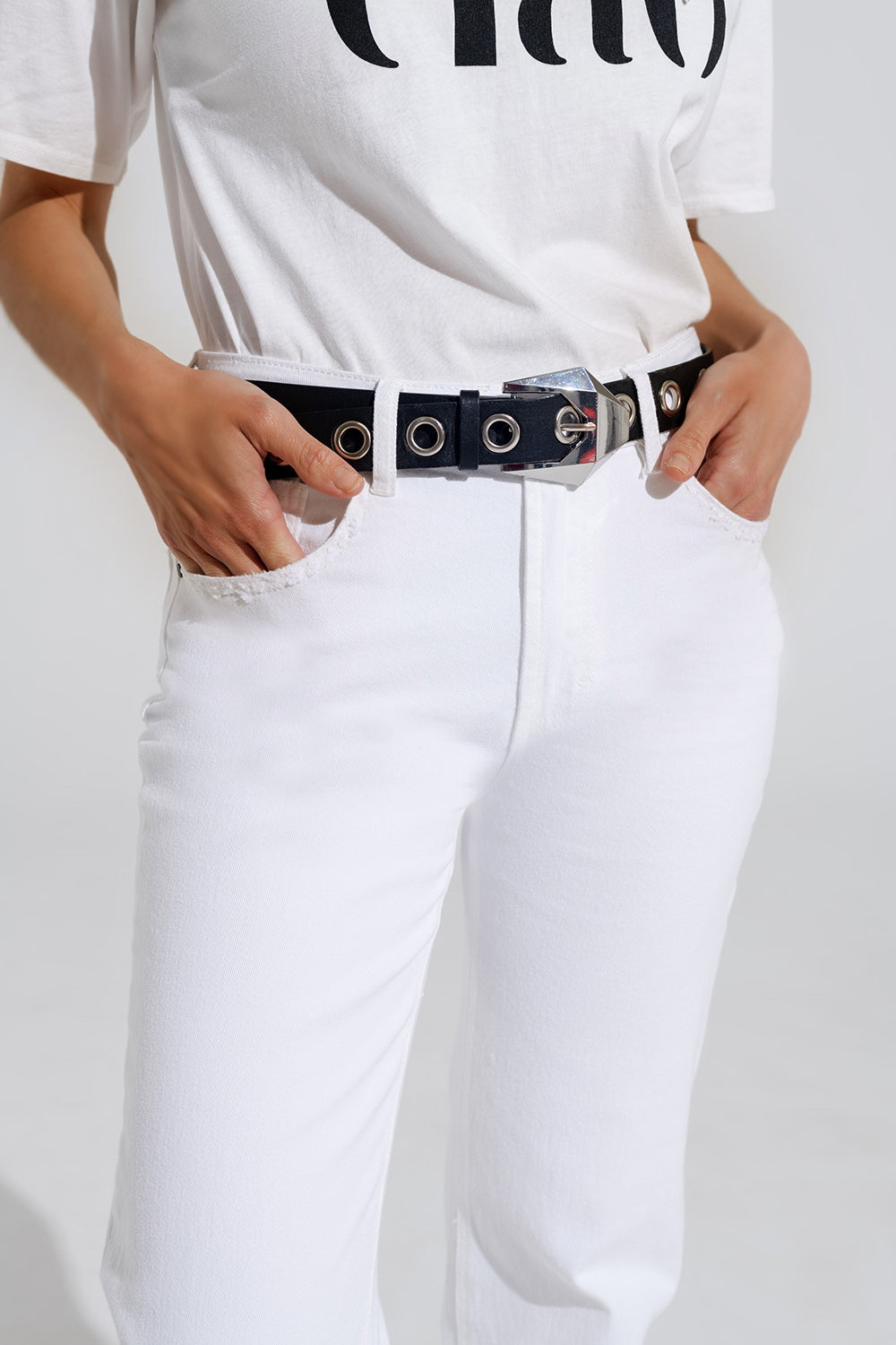 Stretch Denim Straight Jeans With 5 Pockets in White - Jeans