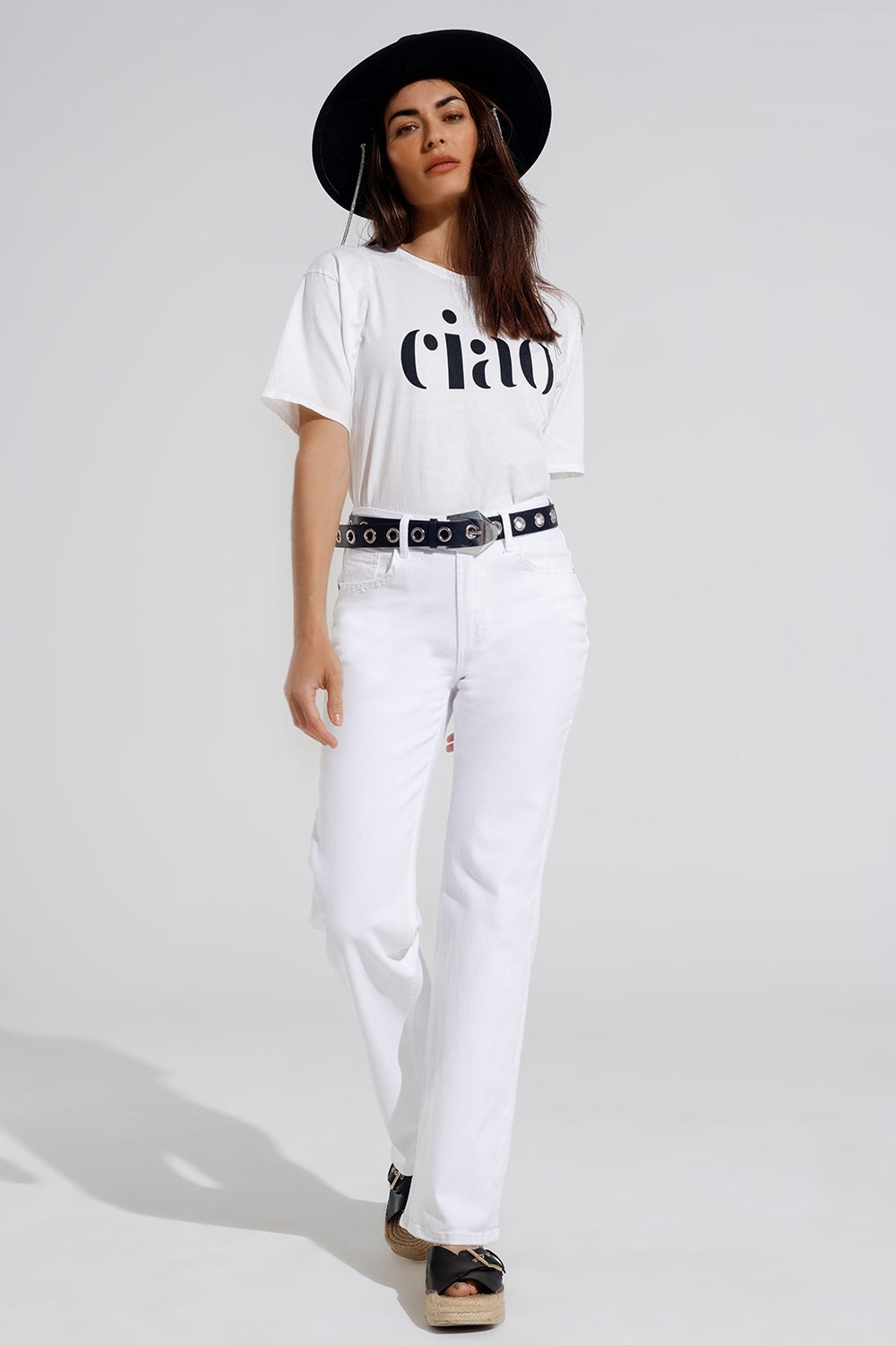 Stretch Denim Straight Jeans With 5 Pockets in White - Jeans