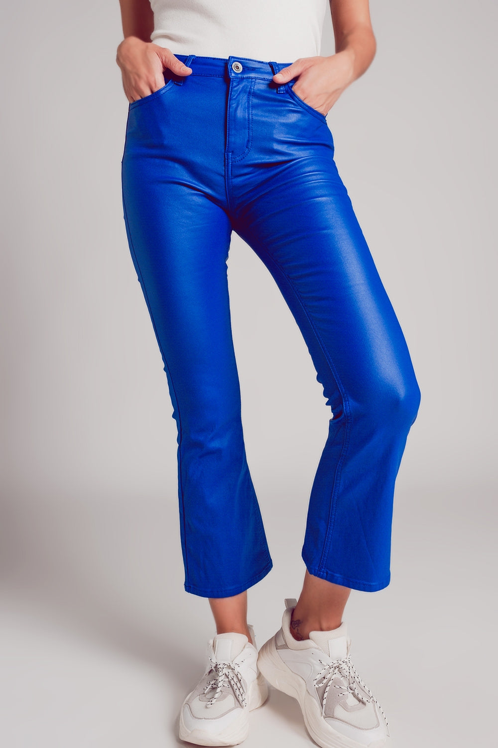 Stretch faux leather flare pants in blue - Pants