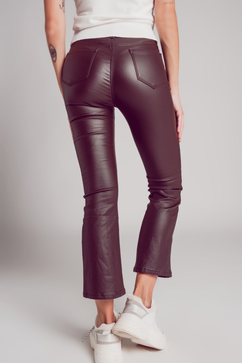 Stretch faux leather flare pants in brown Q2 Pants BoutiqueLua