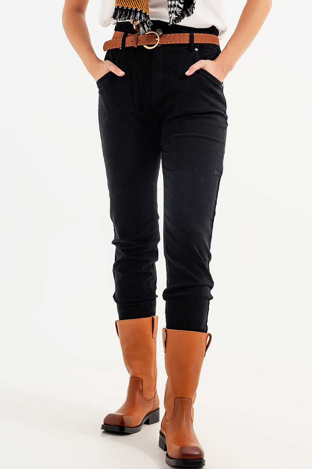 Stretch paperbag waist straigh Jeans in black Q2 Jeans BoutiqueLua